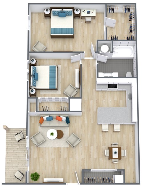 Floor plan for 2 beds, 1 bath, 950 sqft